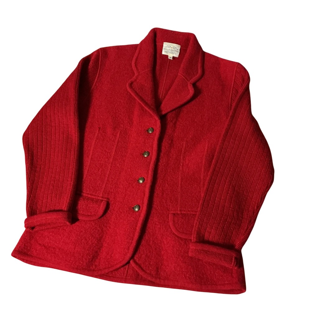 Susan Bristol Vintage Boiled Wool Knit Sleeve Jacket Women M Red Button Up Coat